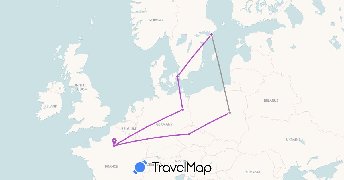 TravelMap itinerary: driving, plane, train in Czech Republic, Germany, Denmark, France, Poland, Sweden (Europe)